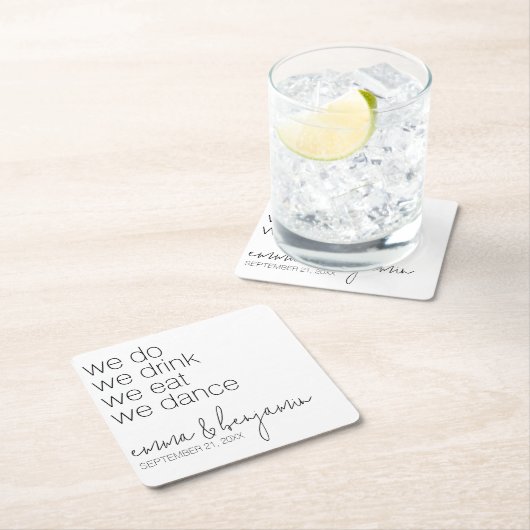 We doen Drink Eat Dance - Modern Wedding Vierkante Kartonnen Onderzetter (Insitu)