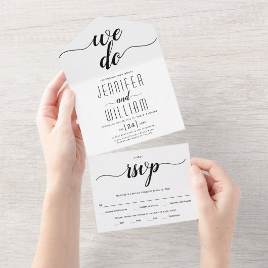 "We doen" elegant script calligrafie bruiloft All In One Uitnodiging (Afscheurbaar)
