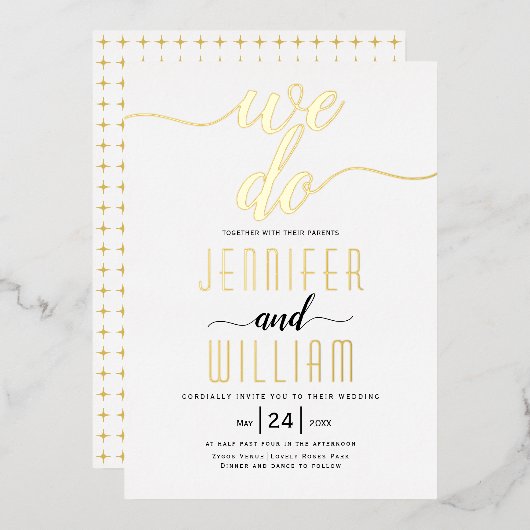 "We doen" elegant script calligraphy bruiloft Folie Uitnodiging (Voorkant / Achterkant)