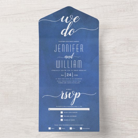 "We doen" gekleurde blauwe scriptkalligrafie bruil All In One Uitnodiging (Binnen)