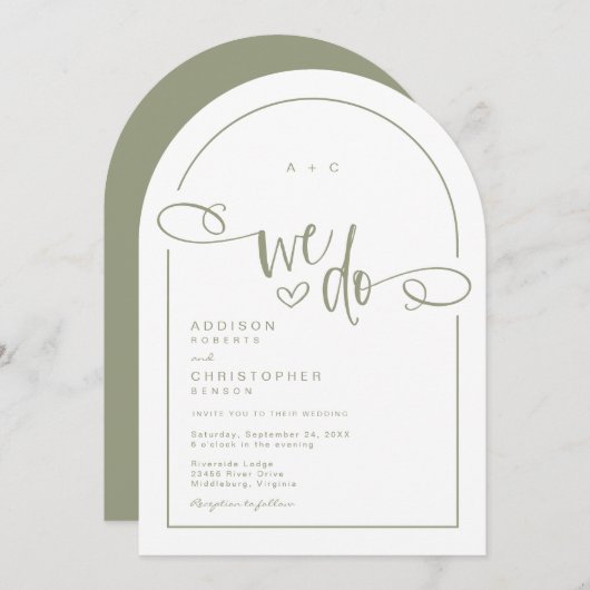 We doen Heart Sage Green Modern Script Wedding Kaart (Voorkant / Achterkant)