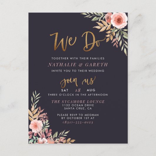 We doen het | Waterverf Rozen en modern Script Wed Uitnodiging Briefkaart (Voorkant)