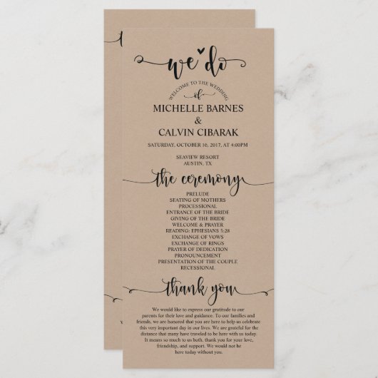 We doen Wedding programma kaart in rustieke fawn t (Voorkant / Achterkant)