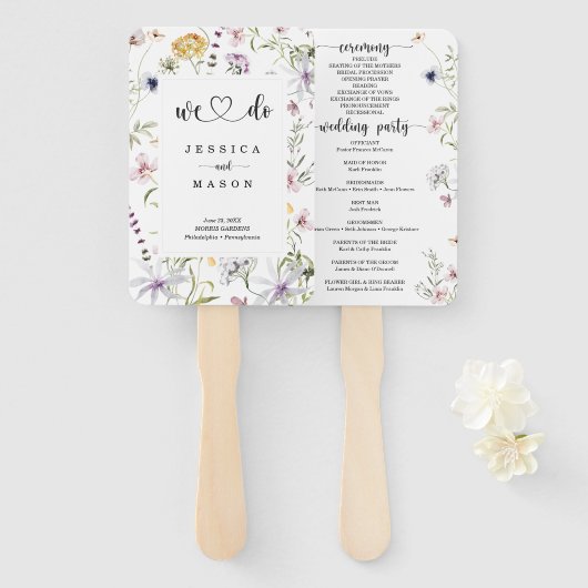We doen Whimsical Wildflower Wedding Program Handwaaier (Voorkant en achterkant)