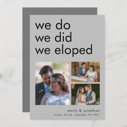 We Eloped 3 Photos Faire-part Invitation gris (Devant / Derrière)