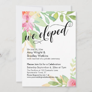 We Eloped Calligraphy Roze Waterverf Bloemen Kaart