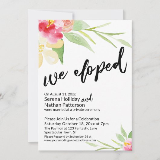 We Eloped Casual Script met Waterverf Bloemen Kaart (Voorkant)