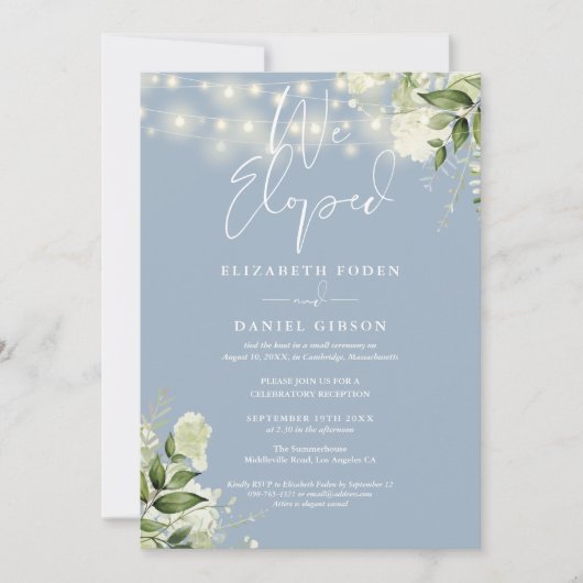We Eloped Dusty Blue Wedding Vows Greenery Party Kaart (Voorkant)