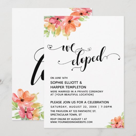 We Eloped Hearts Script Waterbloemen Kaart (Voorkant / Achterkant)