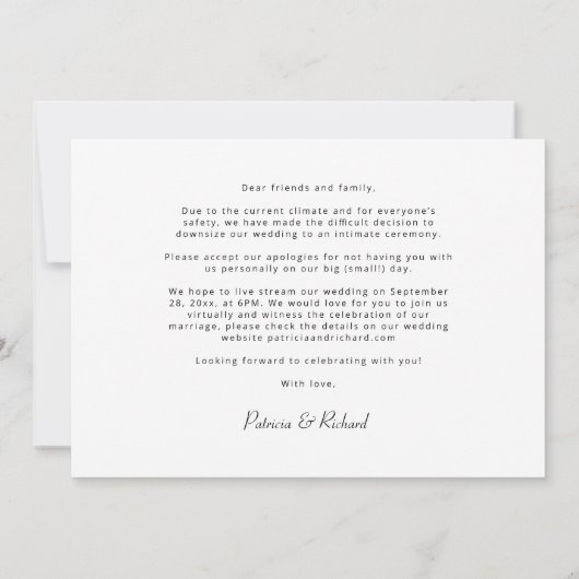 We gaan Micro-downsize bruiloft aankondigen Kaart (Achterkant)