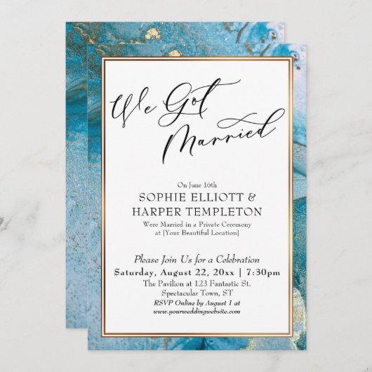 We Got Married Blauw en Goud Inkt Ontvangst Only Kaart (Voorkant / Achterkant)