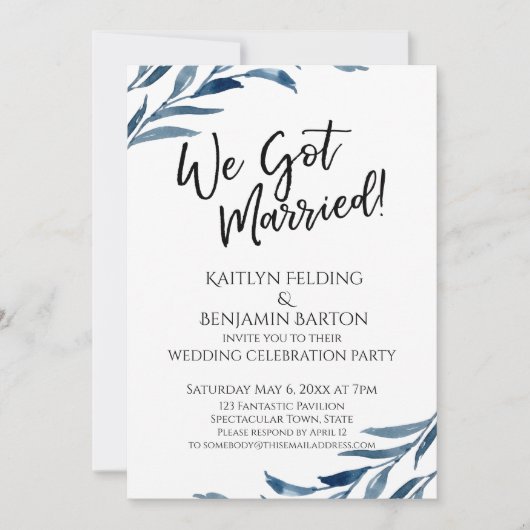 "We Got Married!" Blauwe Bladeren Ontvangst-Only Kaart (Voorkant)