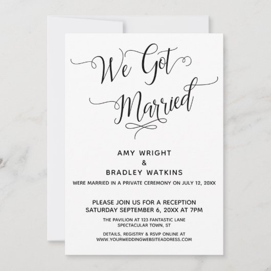 "We Got Married" Elegante bruiloftsreceptie Kaart (Voorkant)
