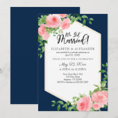 We Got Married Navy Blauw Roze Bloemen Bruiloft Kaart (Voorkant / Achterkant)