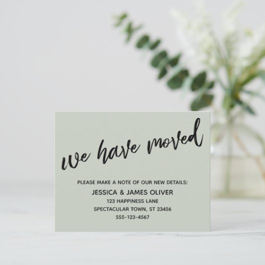 "We have moved" Carte verte de la page d'écriture (Debout devant)