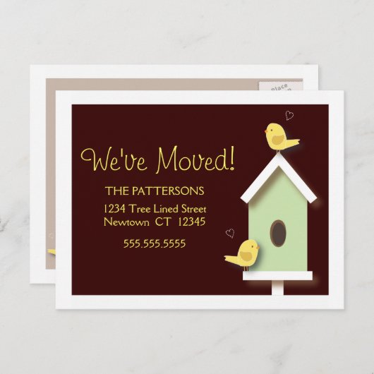 We hebben Birdhouse New Address Briefkaart verplaa (Voorkant / Achterkant)