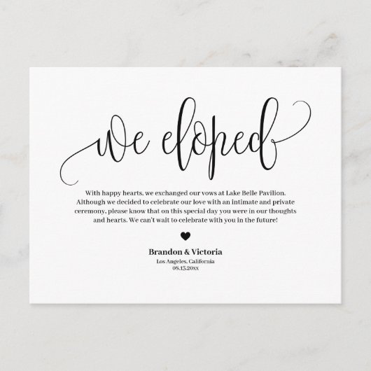 We hebben |  Black Script Wedding Elopement Aankondigingskaart (Voorkant)