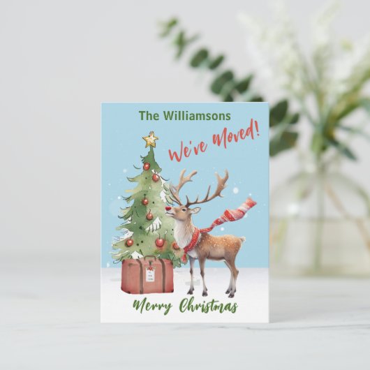 We hebben budget rendier kerstboom verplaatst aankondigingskaart (Staand voorkant)