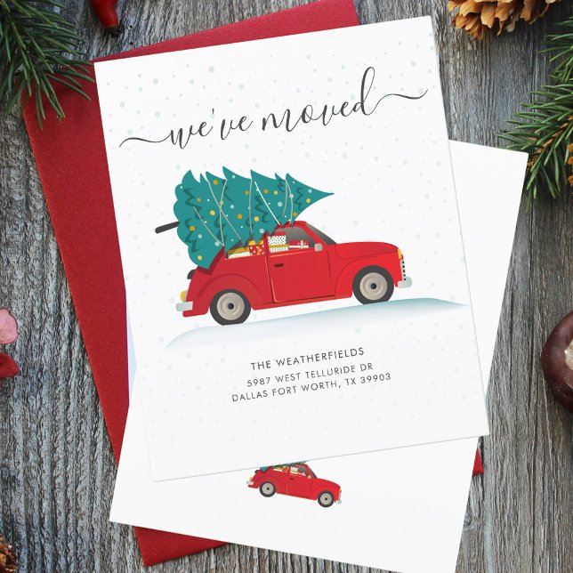 We hebben de aankondiging van de kerstbeweging ver (Change of Address We Have Moved Holiday Red Car Moving Announcement)