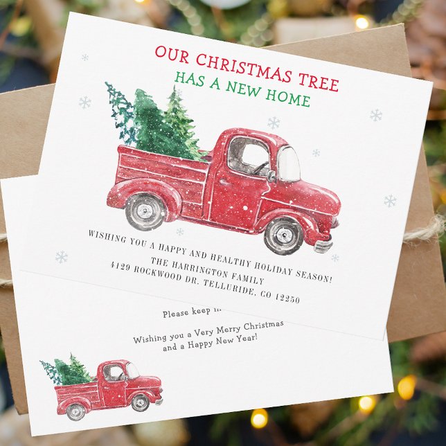 We hebben de aankondiging van de kerstvakantie ver (Christmas Red Truck Festive Family Moving Announcement Change of Address Card)