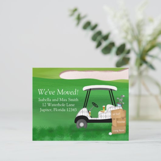 We hebben een golfkar verplaatst met verhuisdozen aankondigingskaart (Staand voorkant)