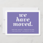 WE HEBBEN EEN modern, minimaal nieuw adres paars V Aankondiging (Voorkant)