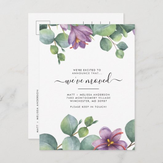 We hebben Eucalyptus Greenery Paars Moving Briefkaart (Voorkant / Achterkant)