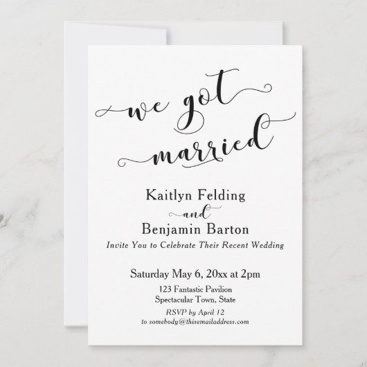 We hebben gehuwd Script Black en White Reception Kaart (Voorkant)