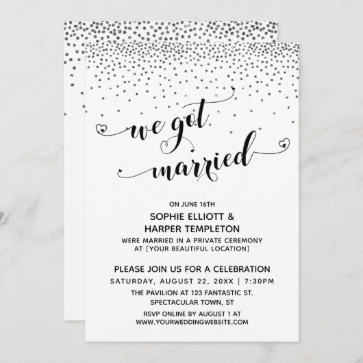 We hebben gehuwde Script Silver Confetti Reception Kaart (Voorkant / Achterkant)