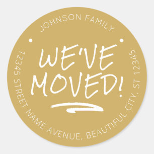 We hebben Gold Handwrited Font New Address verplaa Ronde Sticker