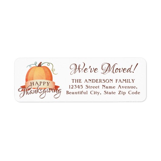 We hebben Happy Thanksgiving Pumpkin New Home verp Etiket (Voorkant)