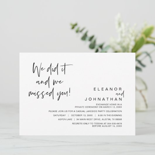 We hebben het gedaan, we misten je, Bruiloft Elope Kaart (Staand voorkant)