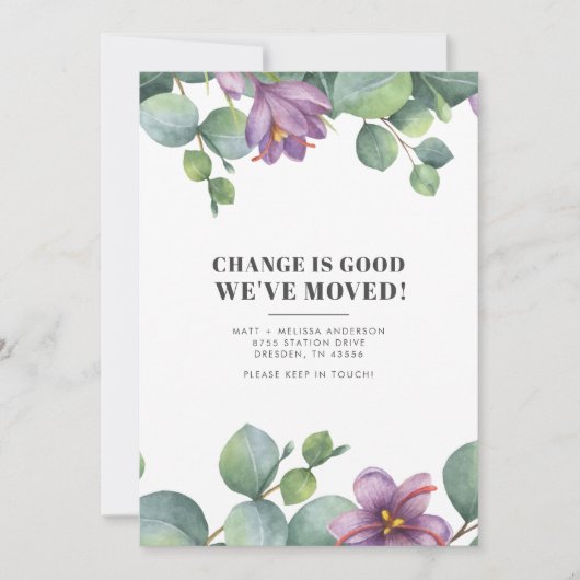 We hebben het nieuwe adres Eucalyptus Greenery Mov Aankondiging (Voorkant)