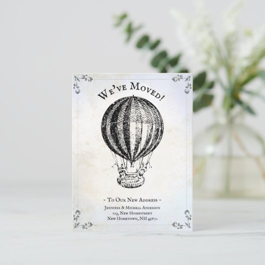 We hebben heteluchtballon Funny verplaatst Aankondigingskaart (Staand voorkant)
