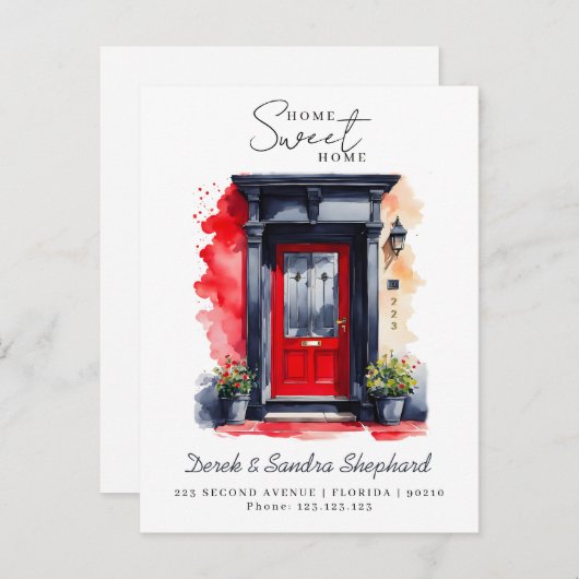 We hebben nieuwe adres rode Waterverf deur verplaa Aankondigingskaart (Voorkant / Achterkant)