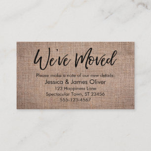 "We hebben ons verplaatst" Burlap Handschrift Typo Visitekaartje