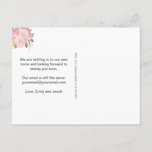 We hebben Roze Waterverf Bloemen nieuw adres verpl Aankondigingskaart (Achterkant)