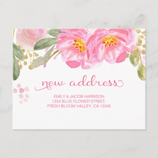 We hebben Roze Waterverf Bloemen nieuw adres verpl Aankondigingskaart (Voorkant)