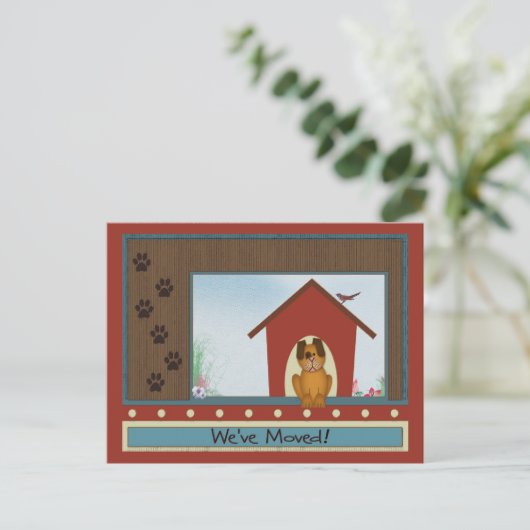We hebben Schattigee hondenhok verplaatst met Paw  Aankondigingskaart (Staand voorkant)