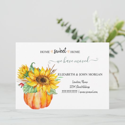 We hebben verhuisd, hout, pompoen, zonnebloemen (Staand voorkant)