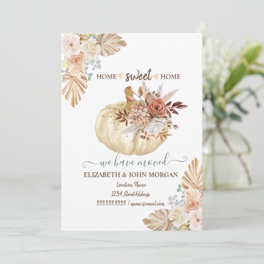 We hebben verhuisd, pompoen, herfst bloemen, hout (Staand voorkant)