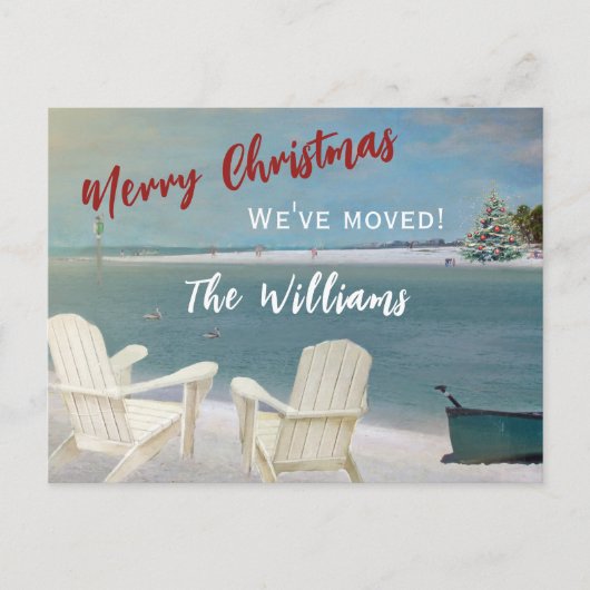 * We hebben verplaatst Budget Ocean Beach Kerstmis Aankondigingskaart (Voorkant)