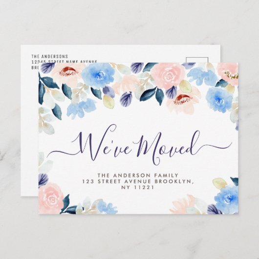 We hebben verplaatst script blauw pastel bloemen N Briefkaart (Voorkant / Achterkant)