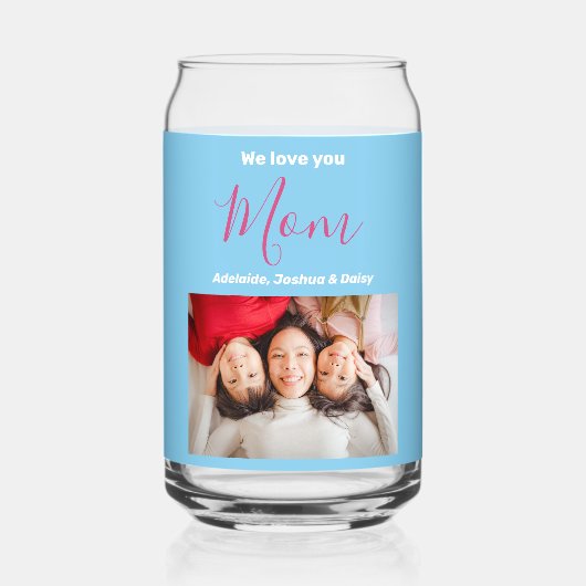 We houden van je mam elegante blauwe aangepaste fo blikvorm glas (Voorkant)