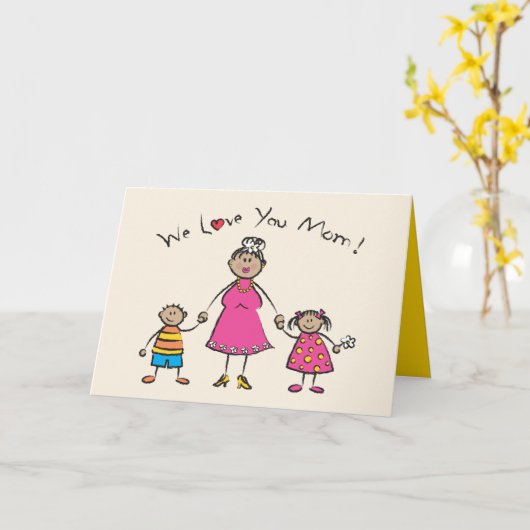 We houden van je mama Cartoon Family Happy Moederd Kaart (Gele Bloem)
