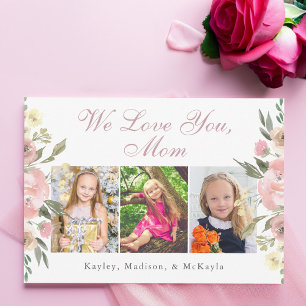 We houden van jou, mama, roze bloemenmoederdag fot kaart