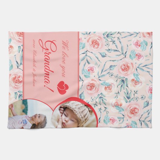 We houden van oma Pink Floral Valentijnsdag Foto Theedoek (Horizontaal)