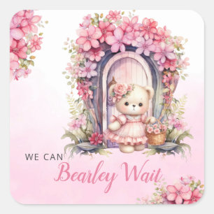 We kunnen bijna wachten waterverf roze baby shower vierkante sticker