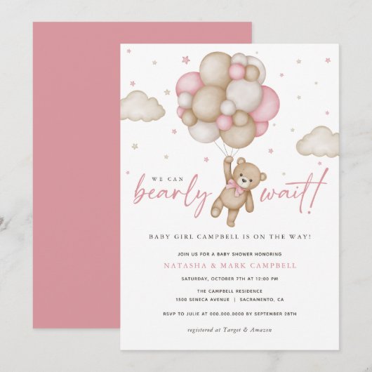 We kunnen wachten tot Girl Baby shower Invitation Kaart (Voorkant / Achterkant)