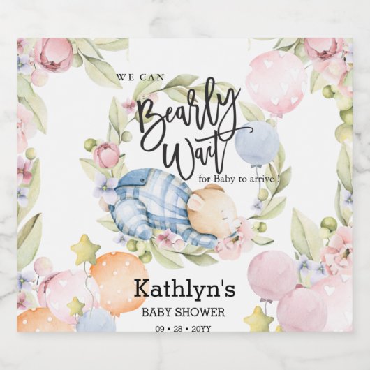 We kunnen wachten tot Teddy Bear Baby shower Sparkling Wijnetiket (Enkel label)